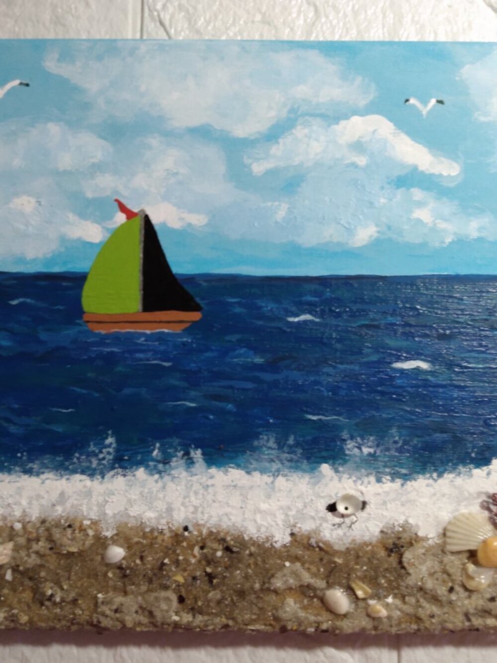 Sailboat and Seashells Mixed Media Abstract Art Painting ~ Art By Sassy ~ Signed
